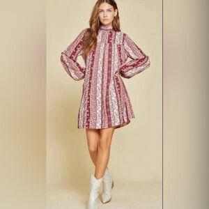 Andree Burghandy Size Small BOHO Balloon Sleeve Flowy Dress Women NWT